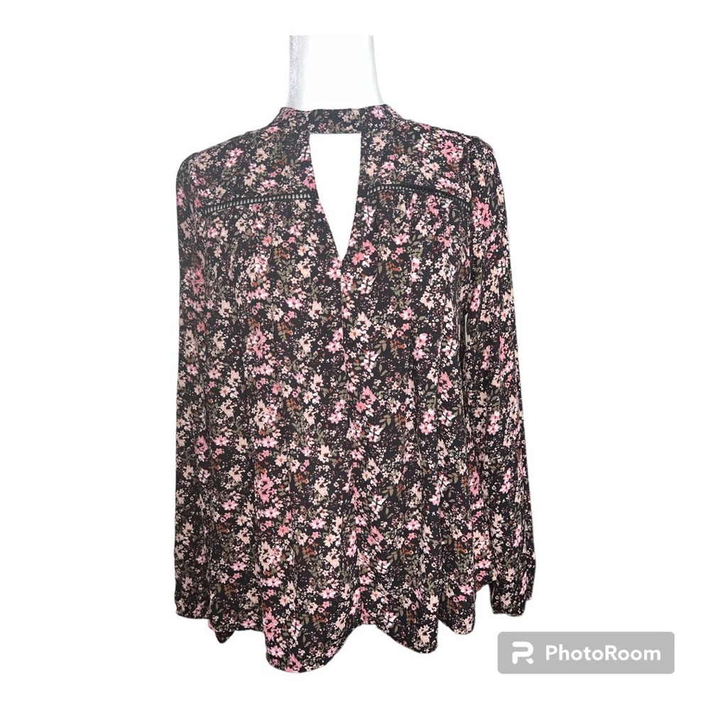 Sophie Rue Black Floral Long Sleeve Mock Neck Flowy Blouse Sz M